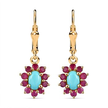 AA Sleeping Beauty T&uuml;rkis, Afrikanischer Rubin (Fissure gef&uuml;llt) Ohrringe 925 Silber 750 Gelbgold Vermeil ca. 1.93 ct