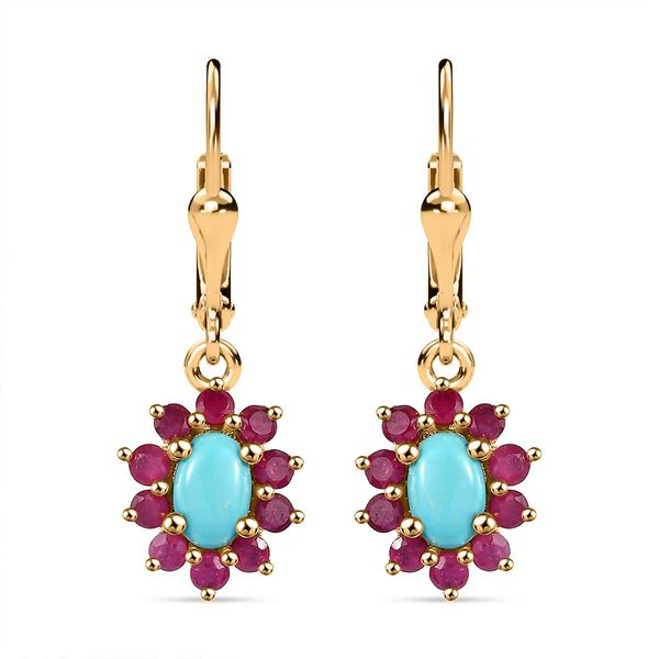 AA Sleeping Beauty T&uuml;rkis, Afrikanischer Rubin (Fissure gef&uuml;llt) Ohrringe 925 Silber 750 Gelbgold Vermeil ca. 1.93 ct