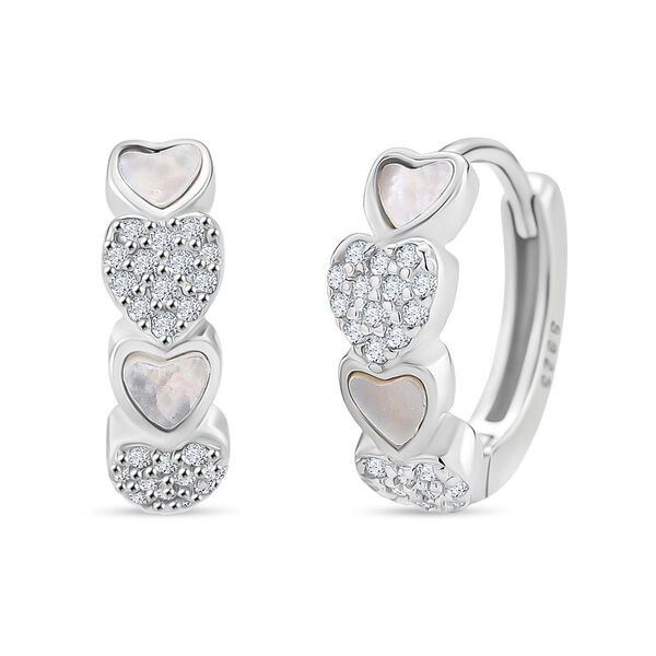 Wei&szlig;es Perlmutt, Wei&szlig;er Zirkonia Herz Ohrringe 925 Silber rhodiniert 0.20 ct