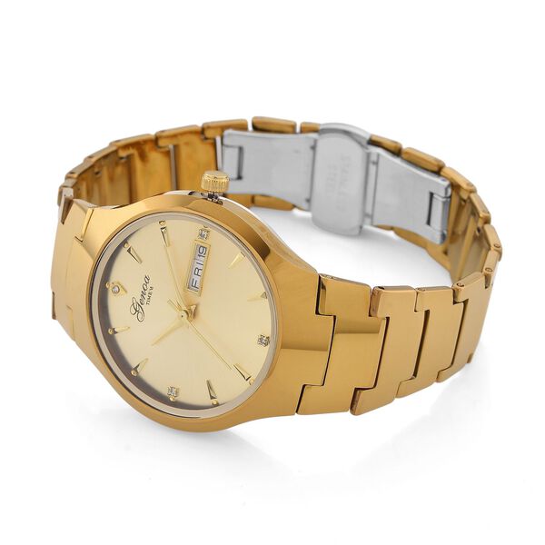 GENOA TIME V2 Uhr mit Japanischem VJ33 Quarzwerk, 36 mm, Zifferblatt mit Kristallen und Datumsanzeige, Armband aus Wolframstahl, 3 ATM wasserdicht, vergoldet image number 5