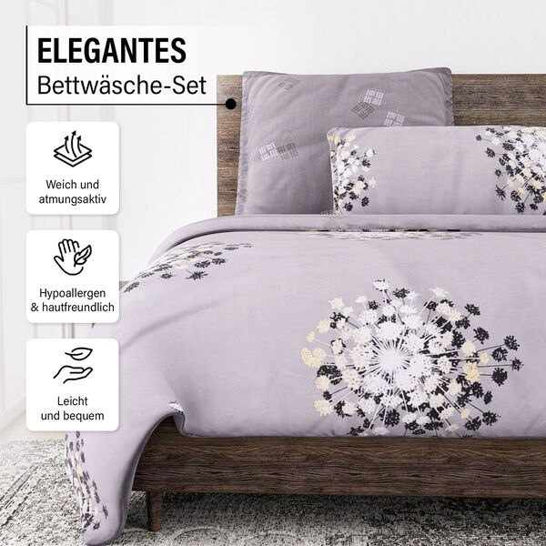 6-tlg. Bettw&auml;sche-Garnitur mit doppelseitigem Druck, Floralmuster, grau image number 2