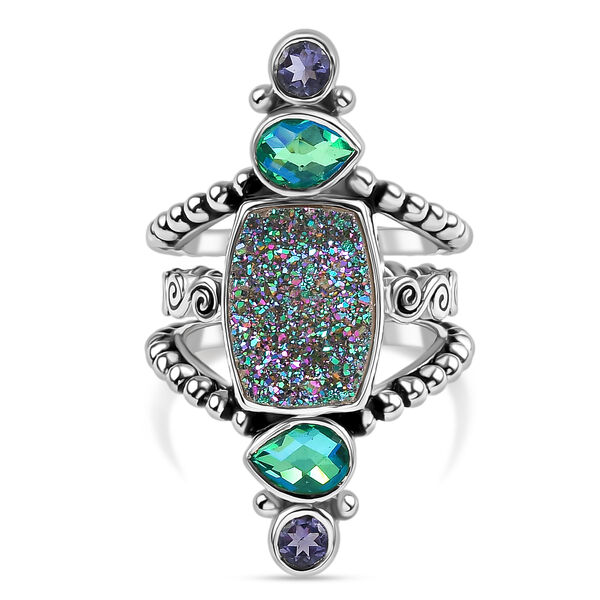Sajen Silber - Drusy, Pfau Quarz Triplette, Iolit Ring 925 Silber rhodiniert (Gr&ouml;&szlig;e 19.00) ca. 6.20 ct