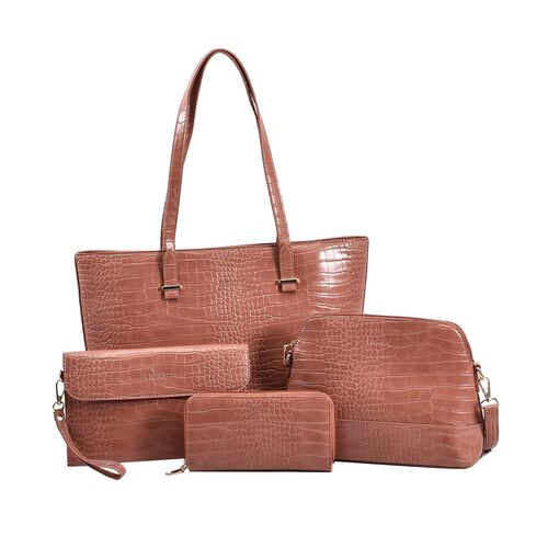 Passage - 4er-Set Handtaschen mit Krokodilprägung; enthält Schultertasche, Cross Body Bag, Clutch Bag und Portemonnaie, Rosa image number 0