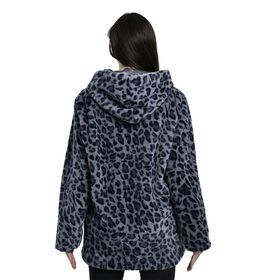 LA MAREY - Kunstfell Wintermantel mit Kapuze, Leopardenmuster, Gr&ouml;&szlig;e M, Grau 