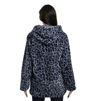 LA MAREY - Kunstfell Wintermantel mit Kapuze, Leopardenmuster, Gr&ouml;&szlig;e M, Grau 