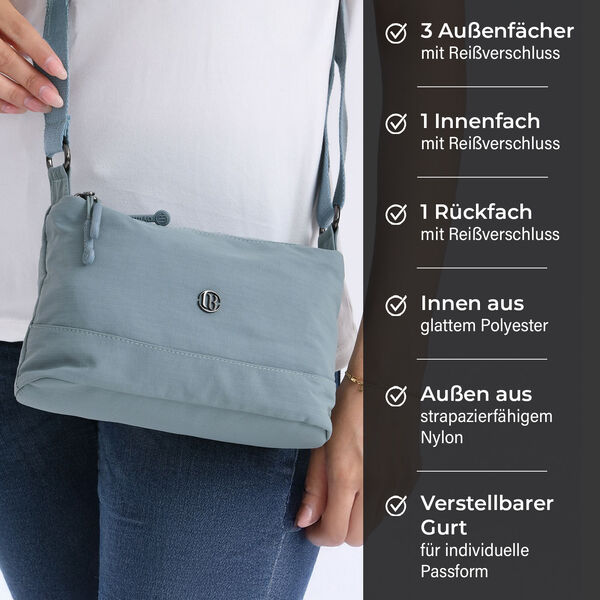 Nylon Crossbody Tasche mit Reißverschlussfächern, verstellbarem Schulterriemen, Blau image number 3