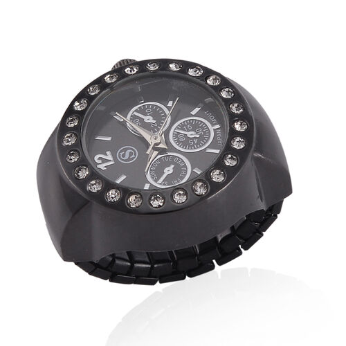 STRADA - Eleganz Weißer Kristall Flexibler Ringuhr, japanischem PC21S Uhrwerk, multifunktionalem Zifferblatt, Reiner Edelstahl, Schwarz image number 0