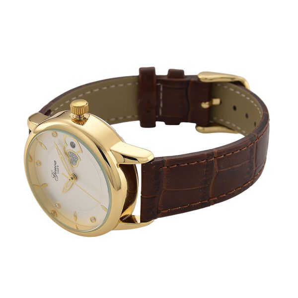 GENOA - Automatik-Armbanduhr mit Herz-Design und Datumsanzeige, Dandong-Uhrwerk, Wei&szlig;es Zifferblatt, Goldfarben, Brauners Lederarmband, 36 mm image number 5