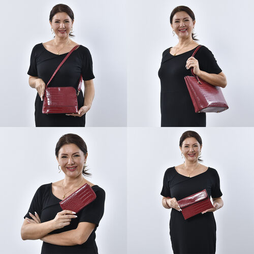 Passage - 4er-Set, Handtasche, Crossbody Tasche, Clutch und Brieftasche mit Kroko-Prägung, Blumenmuster, Burgunderrot image number 1