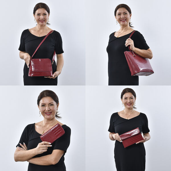 Passage - 4er-Set, Handtasche, Crossbody Tasche, Clutch und Brieftasche mit Kroko-Prägung, Blumenmuster, Burgunderrot image number 1