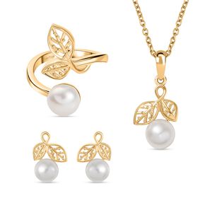 3er Set - Süßwasser Perle (6-8 mm) Anhänger, Ring und Ohrringe, (Größe 17.00), goldfarben