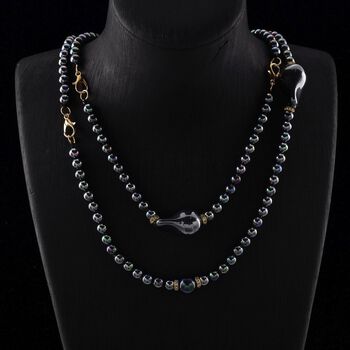 3er Set Pfauenfarbene Muschelkernperlen-Schmuckst&uuml;cke, bestehend aus Armband (ca. 19 cm) und zwei Halsketten (ca. 40 cm und 50 cm), gelb vergoldet