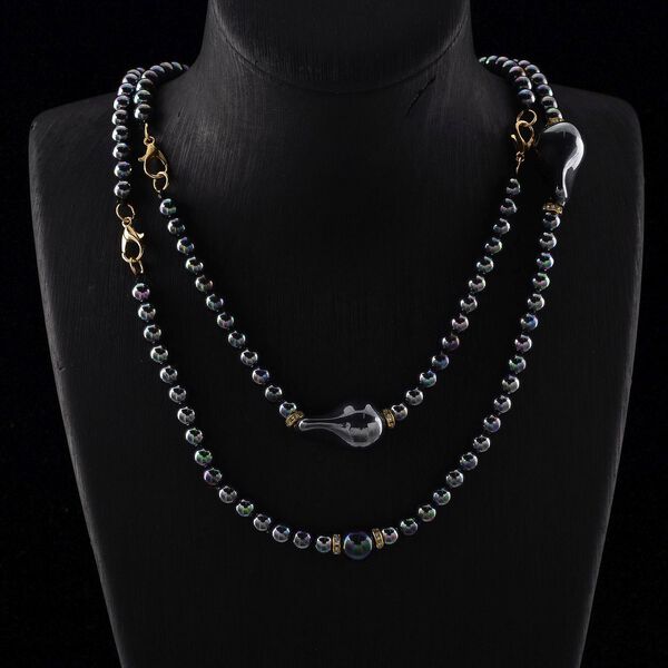 3er Set Pfauenfarbene Muschelkernperlen-Schmuckst&uuml;cke, bestehend aus Armband (ca. 19 cm) und zwei Halsketten (ca. 40 cm und 50 cm), gelb vergoldet image number 2