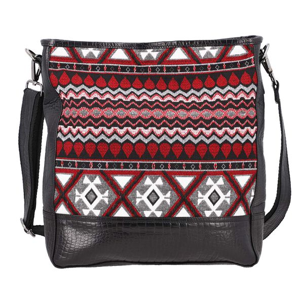 Crossbody Bag mit Krokoprägung aus echtem Leder und Jacquard mit Laptop-Hüllen, schwarz image number 4