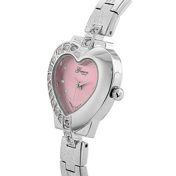 GENOA TIME - Herz-Armbanduhr Legierung, nickelfreies Messing, silberfarben, mit wei&szlig;en Kristallen, Zifferblatt Rosa-Sunshine, 3 ATM wasserdicht