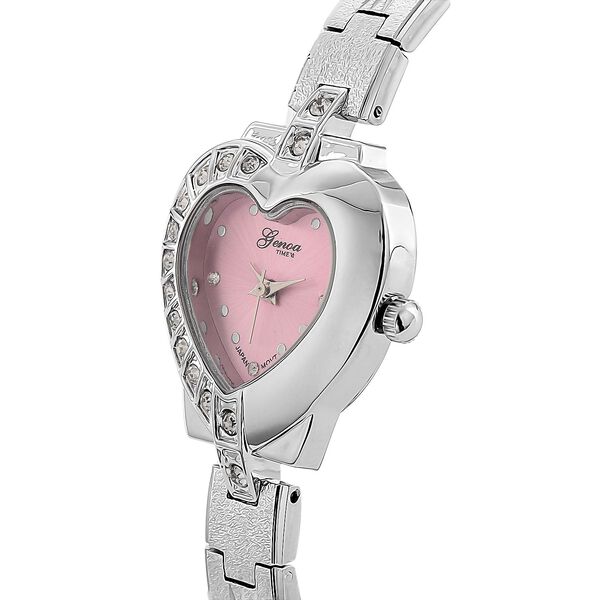 GENOA TIME - Herz-Armbanduhr Legierung, nickelfreies Messing, silberfarben, mit weißen Kristallen, Zifferblatt Rosa-Sunshine, 3 ATM wasserdicht image number 4
