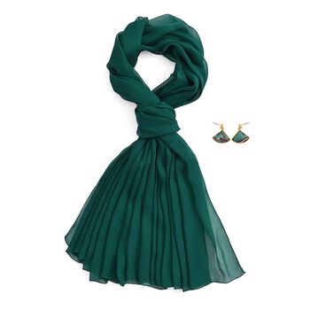 LA MAREY 2er-Set 110x180cm Seidenschal aus 100% Maulbeerseide mit Ohrringen, Dunkelgr&uuml;n