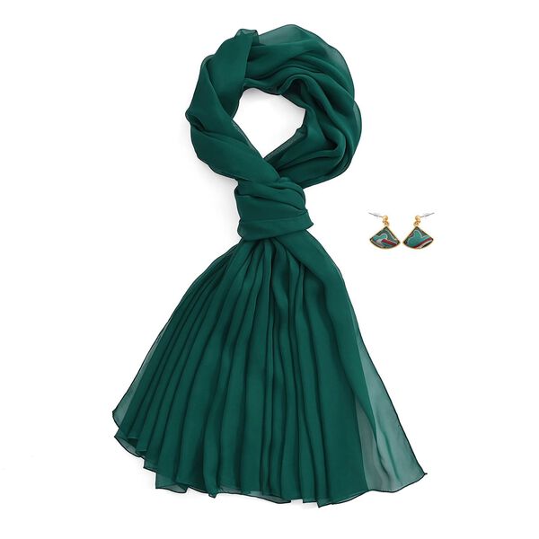 LA MAREY 2er-Set 110x180cm Seidenschal aus 100% Maulbeerseide mit Ohrringen, Dunkelgrün image number 0