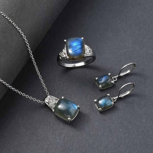 4er Set- AAA Labradorit Ohrringe, Anh&auml;nger mit Kette (ca. 50 cm) und Ring (Gr&ouml;&szlig;e 18.00), Schmuckset, Reiner Edelstahl ca. 15.00 ct image number 2