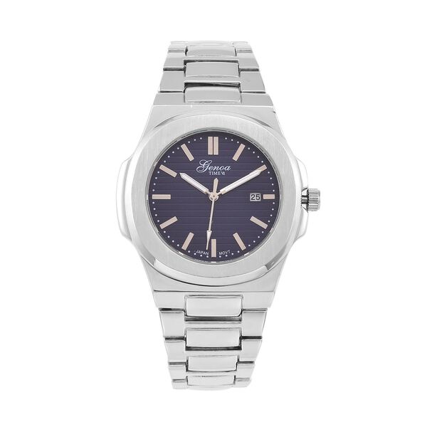 Genoa Time V2 - PC32 Japanisches Uhrwerk, Datumsanzeige, robustes Geh&auml;use in PNP-Stahloptik, blaues Zifferblatt mit hydraulischen Details, Edelstahlarmband