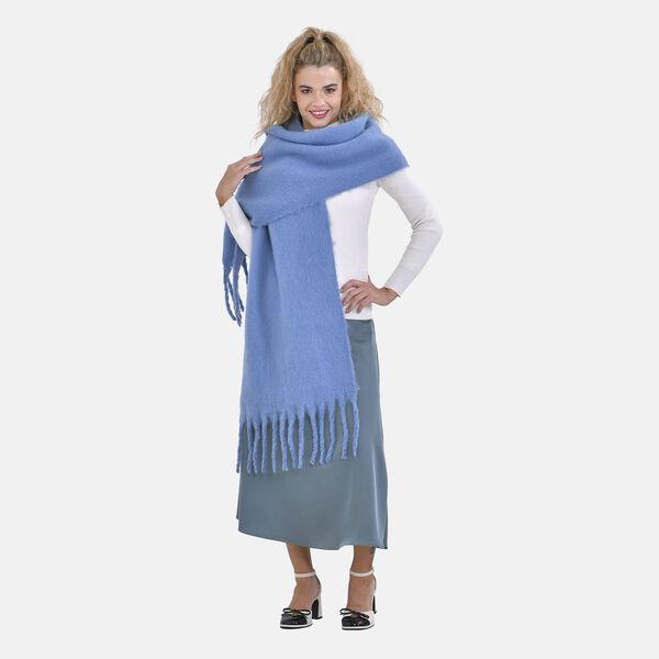 Oversized Damen Winterschal mit Fransen, Blau