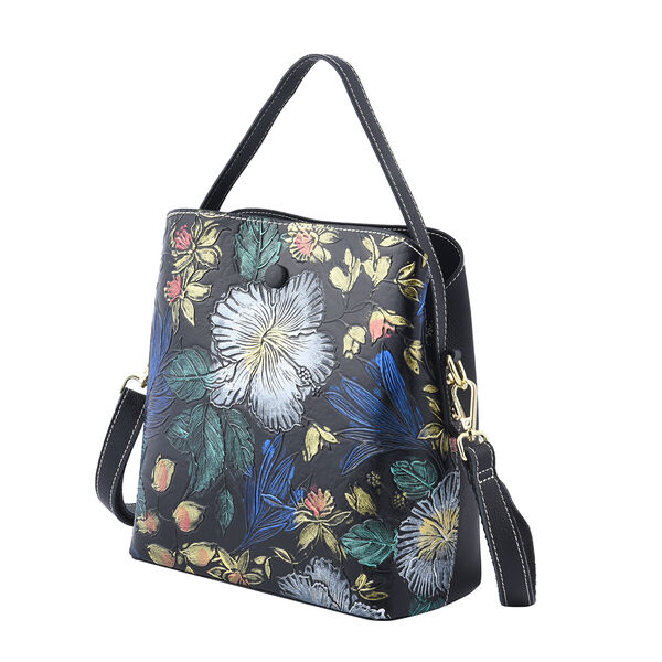 Crossbody Tasche aus 100% echtem Leder, Blumenmuster, Größe 22x11x18 cm, Schwarz image number 5