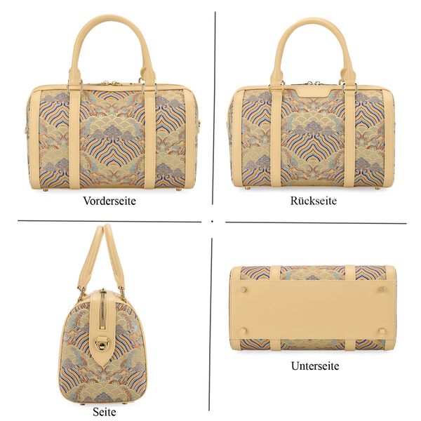 LA MAREY Brokat Crossbody Tasche aus Seide und Echtleder, 30x18x15cm, Beige image number 4