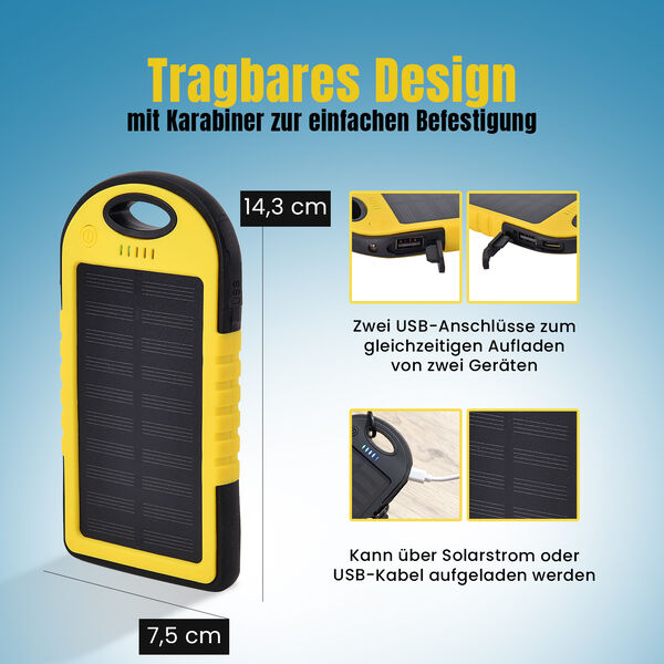 Homesmart Solar Powerbank mit LED-Licht, 14,3×7,5cm, Gelb image number 3