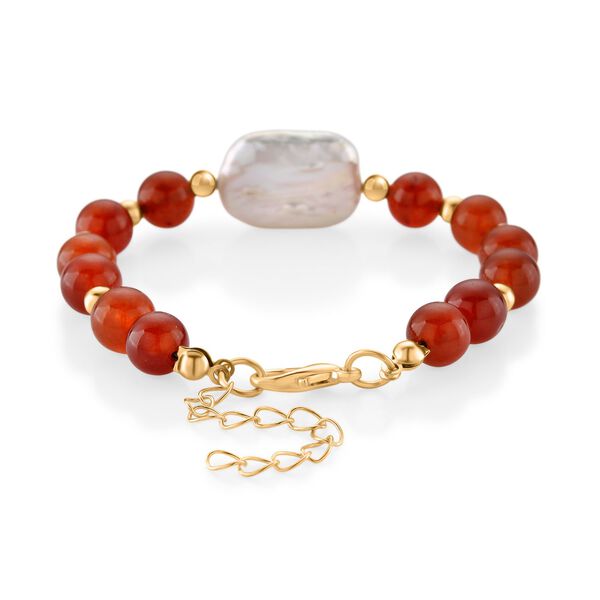 Roter Achat, Weiße Keshi Perle Armband, ca. 18cm mit 5cm extender, Reine Legierung goldfarben image number 4