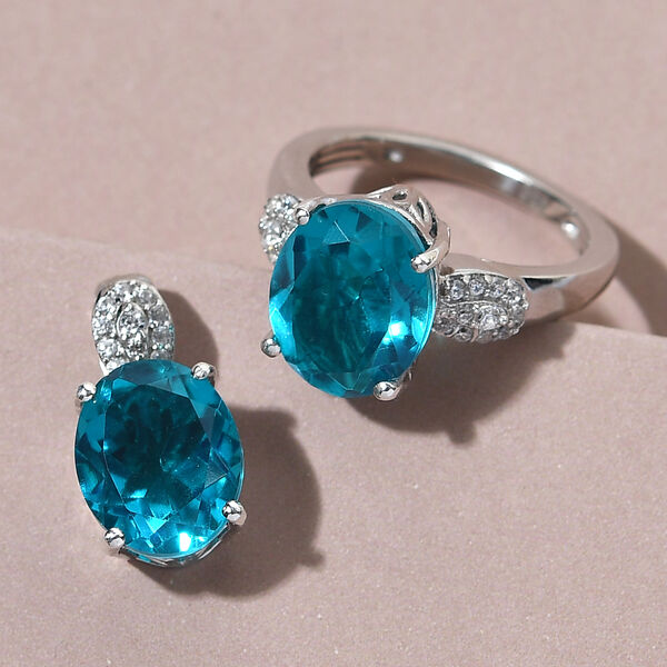 2er-Set- Capri-Blau Triplett Quarz und Zirkon-Ring und Anh&auml;nger - 7,69 ct. image number 2