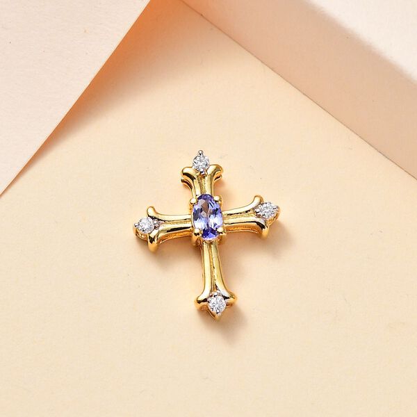 Tansanit und Moissanit Kreuz Anh&auml;nger, 925 Silber 750 Gelbgold Vermeil - 0,34 ct. image number 2