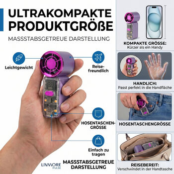 LIVMORE High Speed Mini Taschenventilator mit LED Licht, 3000 mAh Akku, 6 Geschwindigkeitsstufen, Lila