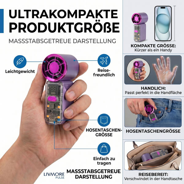 LIVMORE High Speed Mini Taschenventilator mit LED Licht, 3000 mAh Akku, 6 Geschwindigkeitsstufen, Lila image number 1