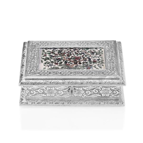 Handgefertigte, oxidierte Schmuckbox mit Edelsteinmalerei, Lebensbaum-Design,  20x15x6,36 cm image number 2