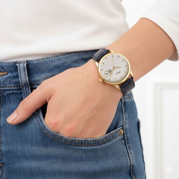 GENOA - Automatik-Armbanduhr mit Herz-Design und Datumsanzeige, Dandong-Uhrwerk, Wei&szlig;es Zifferblatt, Goldfarben, Blaues Lederarmband, 36 mm image number 3