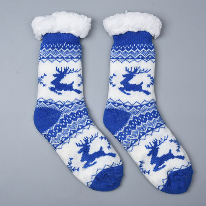 1 Paar rutschfeste Haus Socken mit Jojoba Infusion und Sherpa Futter, Einheitsgröße 24x23x12 cm, Blau und Weiß