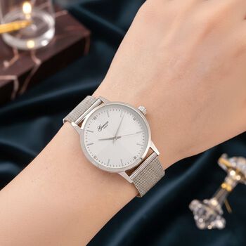 GENOA TIME - V2 Automatik Armbanduhr, Geh&auml;use 316 Edelstahl Zweifarbiges Sonnenschein Zifferblatt mit wei&szlig;em Diamant Edelstahl Mesharmband silberfarben