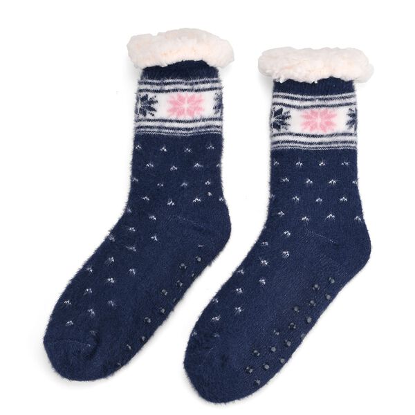 Kuschelige Sherpa Socken, Schneeflockenmuster, Marineblau image number 0