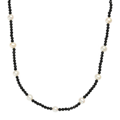 Schwarzer Spinell, S&uuml;&szlig;wasser Perle (2-2.5 mm) Halskette ca. 60 cm + 5 cm Extender, 316L Edelstahl