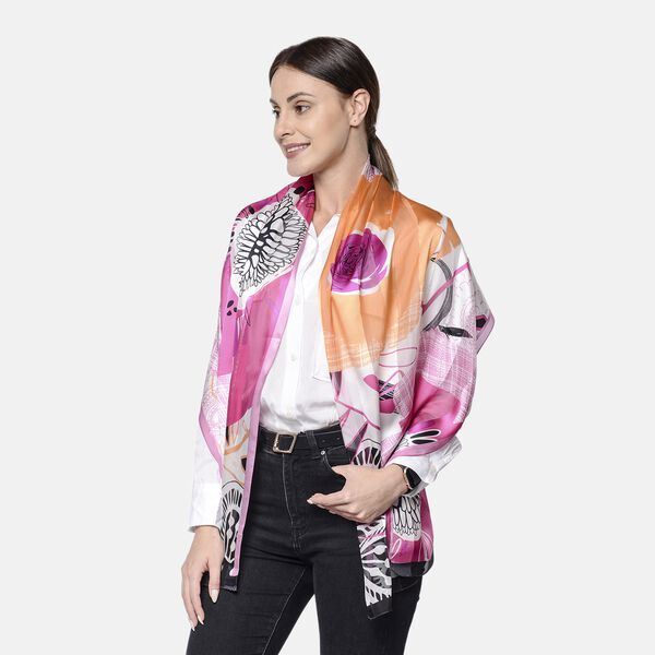 LA MAREY: Bedruckter Schal aus 100% Maulbeerseide, Blumenmuster, inkl. Geschenkbox, Pink-Orange&nbsp; image number 2