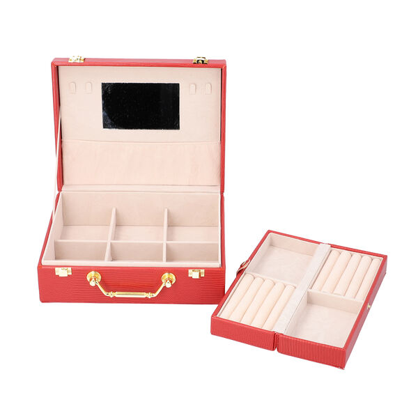 Schmuck Organizer mit Krokopr&auml;gung, Spiegel und F&auml;cher, 23,5x18,5x8,5 cm, Rot image number 7