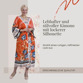 Kimono mit Gürtel, Vogel- und Blumenmuster, 128×78 cm, Orange
