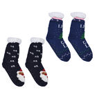 2er-Set - 2 Paar rutschfeste Haus Socken mit warmem Sherpa Futter, Einheitsgröße Weihnachtsmotiv, Schwarz und Blau  image number 1