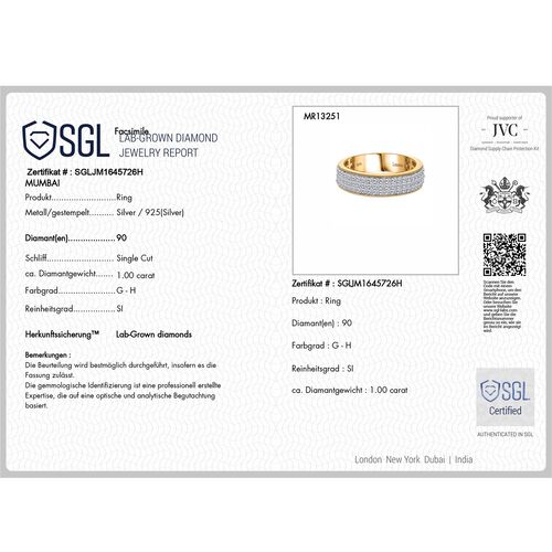 LUXURIANT DIAMOND - Lab Grown Diamant SI-GH SGL zertifiziert Ring, 925 Silber 750 Gelbgold Vermeil (Größe 17.00) ca. 1,00 ct image number 6