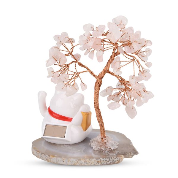 LIVMORE Solar Edelstein Gl&uuml;ckskatze Dekoration mit Achatbasis und 108 Rosenquarz Steinen ca. 11 cm Rosa image number 3