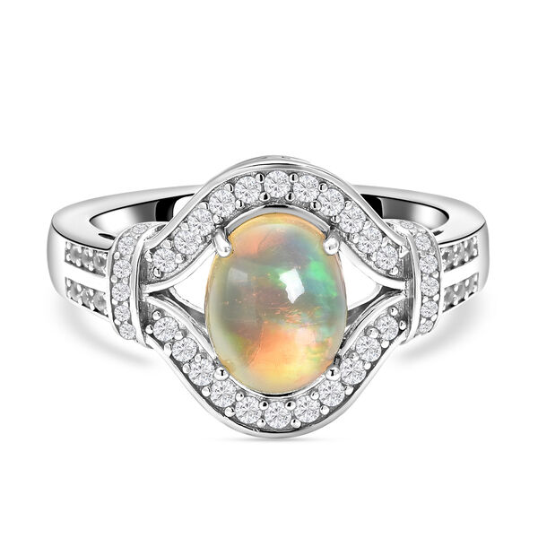 Nat&uuml;rlicher, &auml;thiopischer Opal und wei&szlig;er Zirkon-Ring, 925 Silber rhodiniert  ca. 1,69 ct