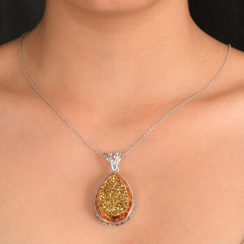 Sajen Silber-Fenster Drusy Astral Leopard Gold, Regenbogen Champagner mystischer Quartz Anh&auml;nger 925 Silber rhodiniert ca. 45.70 ct