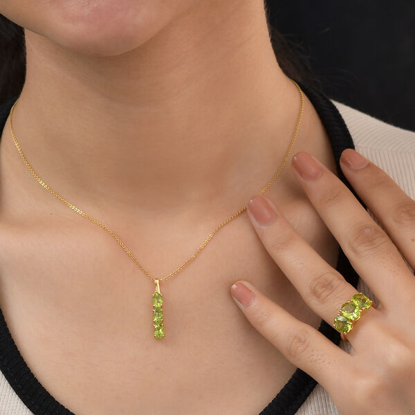 2er-Set, nat&uuml;rlicher Peridot Trilogie-Ring und Anh&auml;nger in Silber, 5,10 ct. image number 3