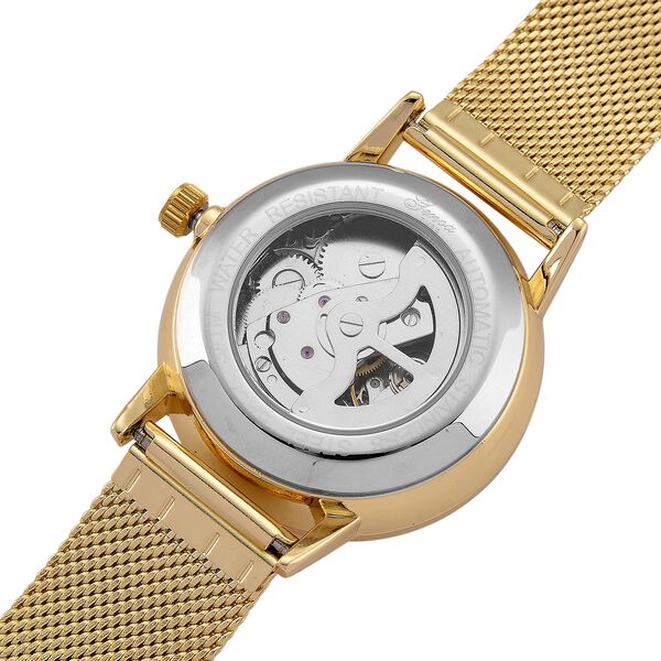 GENOA TIME - V2 Automatik Armbanduhr, Geh&auml;use 316 Edelstahl Sonnenschein Zifferblatt mit wei&szlig;em Diamant Edelstahl Mesharmband goldfarben image number 8