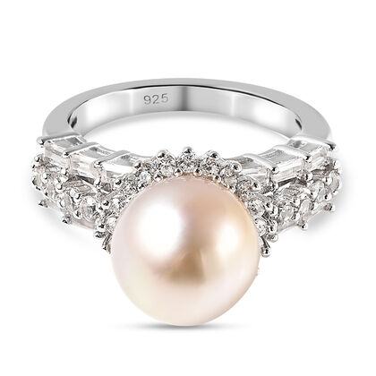 Goldene S&uuml;dsee Perle (10-11 mm) und Zirkon Ring 925 Silber rhodiniert (Gr&ouml;&szlig;e 16.00)